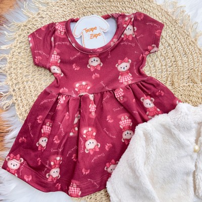 Conj. Bolerinho de Pelinho e Vestido Ursinhas - Off White e Bordo